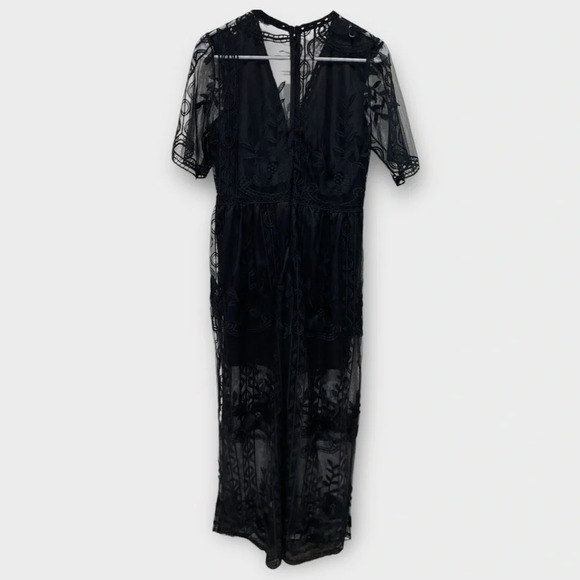 Eleter Women's Deep V-Neck Lace Romper Short Sleeve Long Dress Black Size M - Picture 4 of 11